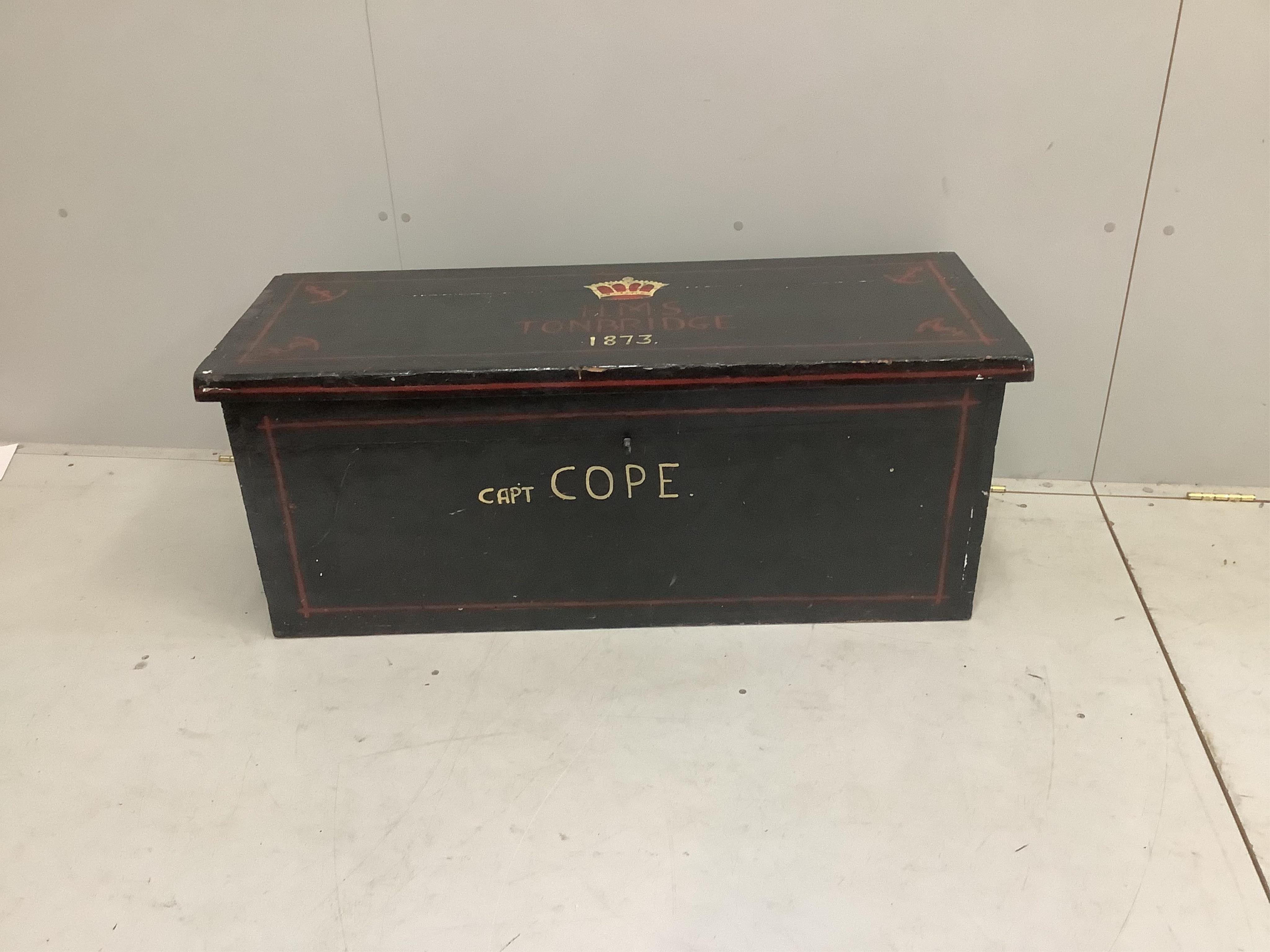 An ‘HMS Tonbridge, Capt Cope’ trunk, later painted, width 109cm, depth 42cm, height 43cm. Condition - fair